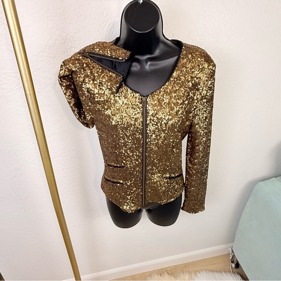 Walter Baker Jackets & Blazers - VINTAGE W118 by Walter Baker Gold/Bronze‎ Sequin Zip Moto Jacket Size S Pristine